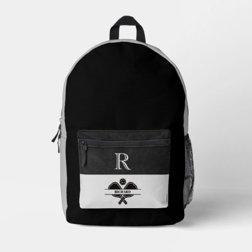 Stylish Black Grey Pickleball Design Monogram Name Printed Backpack