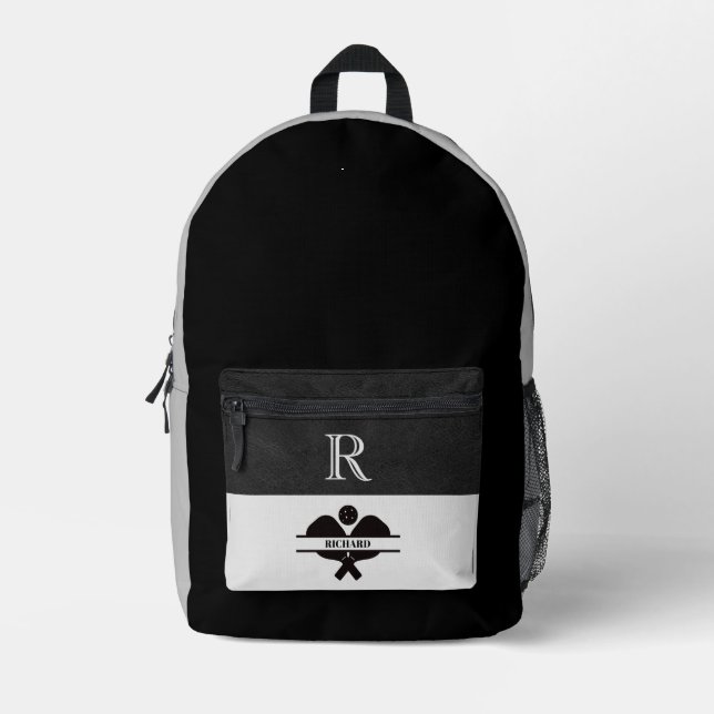 Stylish Black Grey Pickleball Design Monogram Name Printed Backpack (Front)
