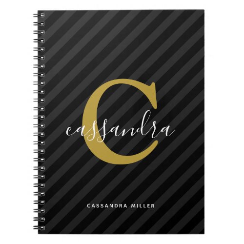 Stylish Black Grey Stripes Monogrammed Notebook