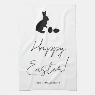 Stylish Black Happy Easter With Bunny Silhouette Kitchen Towel