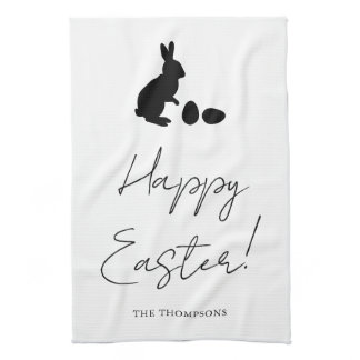 Stylish Black Happy Easter With Bunny Silhouette Kitchen Towel
