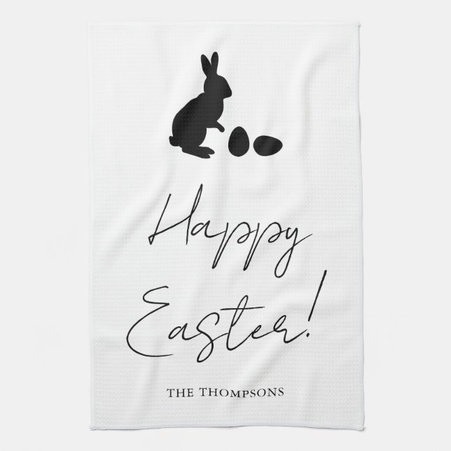 Stylish Black Happy Easter With Bunny Silhouette Kitchen Towel (Vertical)
