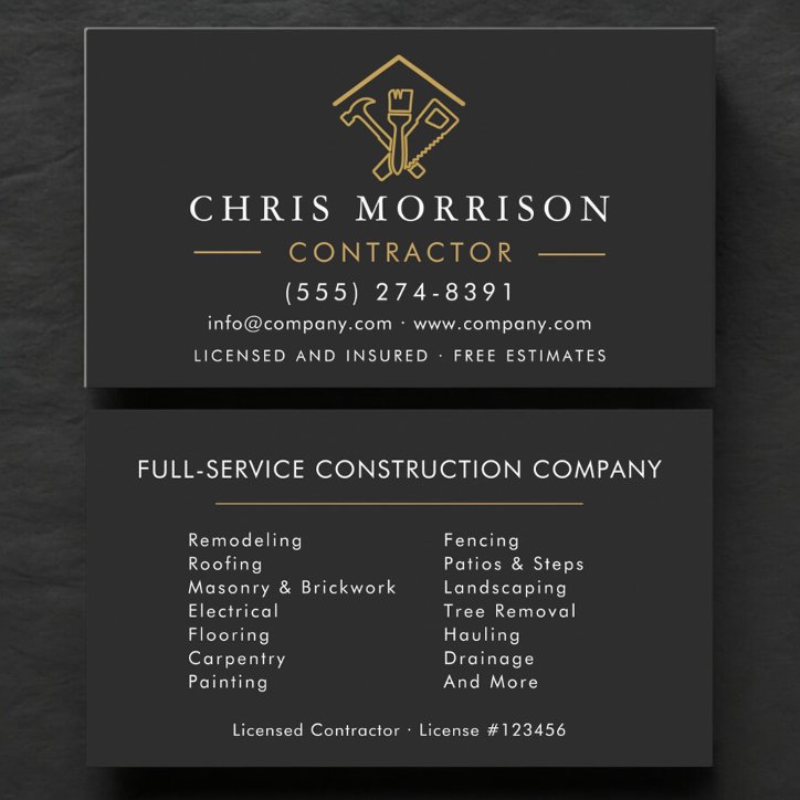 Stylish Black Home Repairs Construction Gold Logo Business Card