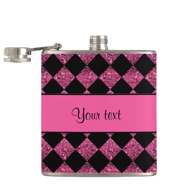 Stylish Black & Hot Pink Glitter Checkers Hip Flask (Opened)
