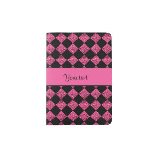 Stylish Black & Hot Pink Glitter Checkers Passport Holder