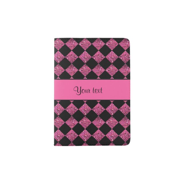 Stylish Black & Hot Pink Glitter Checkers Passport Holder (Front)