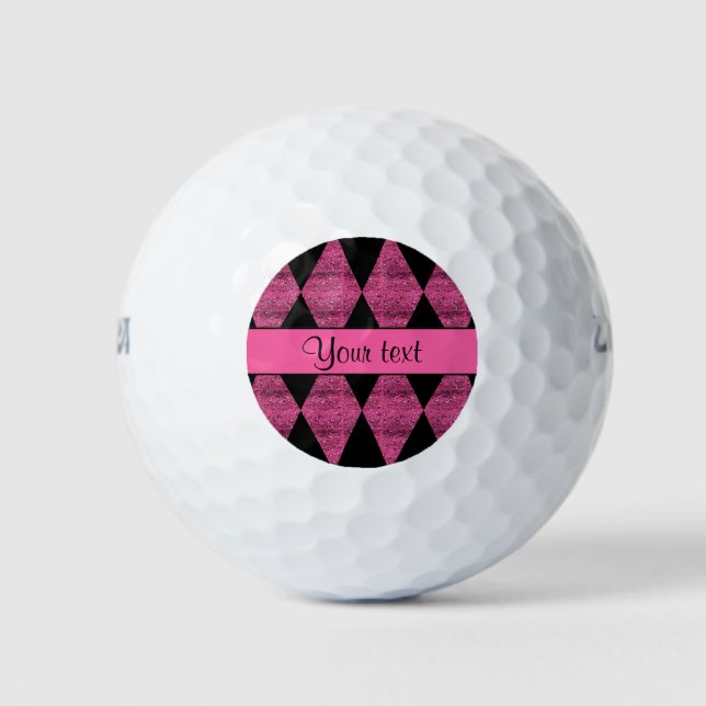 Stylish Black & Hot Pink Glitter Diamonds Golf Balls (Front)
