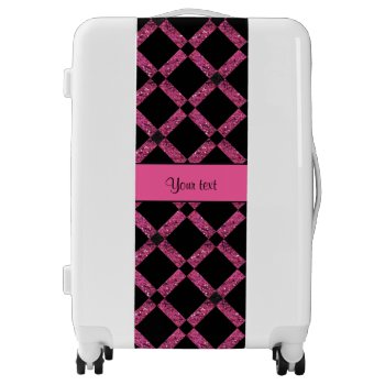 Stylish Black & Hot Pink Glitter Squares Luggage by kye_designs at Zazzle
