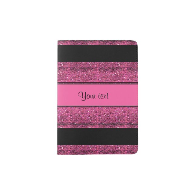 Stylish Black & Hot Pink Glitter Stripes Passport Holder (Front)