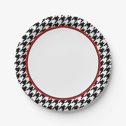 Stylish Black Houndstooth with Red  Paper Plates