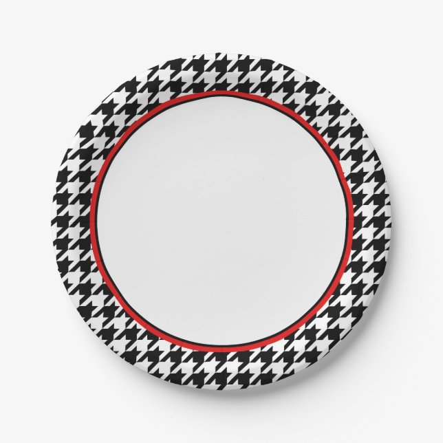 Stylish Black Houndstooth with Red | Paper Plates (Front)