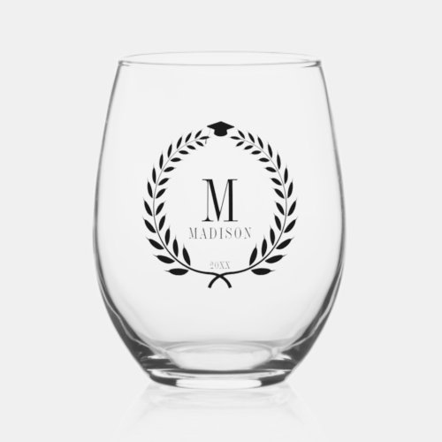 Stylish Black Laurel  Cap Graduation Stemless Wine Glass
