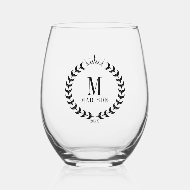 Stylish Black Laurel Graduation Stemless Wine Glass (Front)