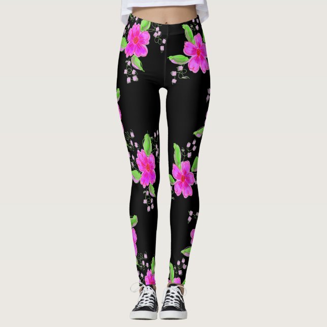 Stylish Black Leggings With Pink Flowers (Front)