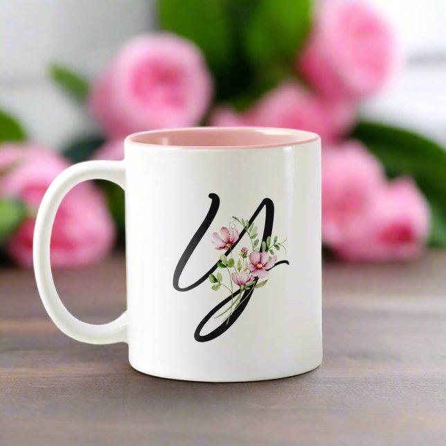 Stylish Black Letter "Y" Pink Flowers Leaves  Two-Tone Coffee Mug (Creator Uploaded)
