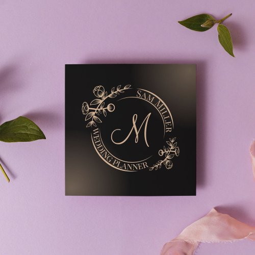 Stylish Black Lux Chic Floral Monogram Square Business Card