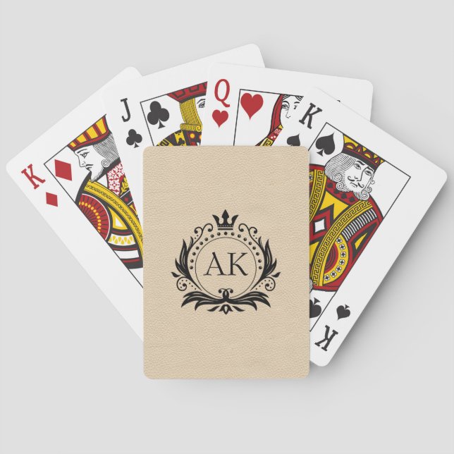 Stylish black luxury frame and crown beige leather poker cards (Back)