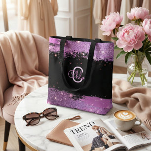 Stylish Black Magenta Faux Glitter Monogram Name Tote Bag