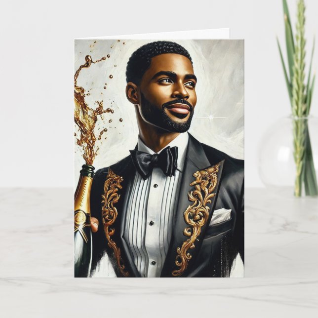 Stylish Black Man Champagne Luxury Birthday Card (Front)