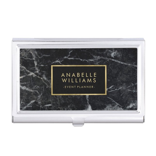 Stylish Black Marble and Faux Gold Foil Business Card Case (Front)