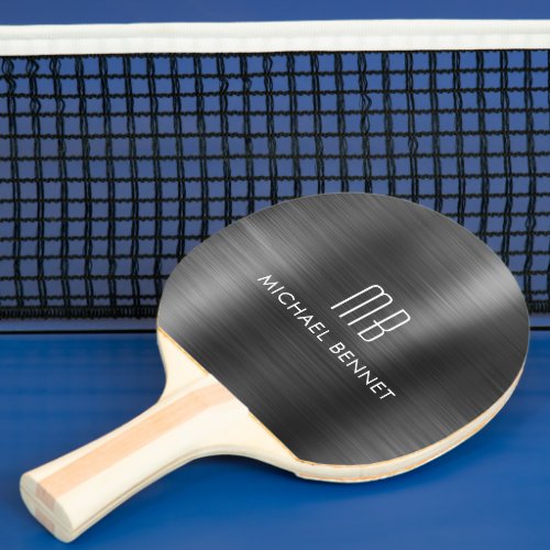 Stylish Black Metallic Monogram Name Ping Pong Paddle
