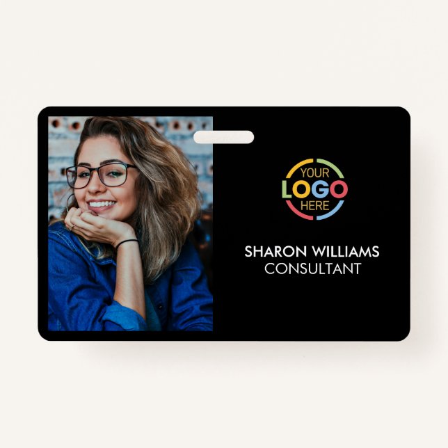 Stylish Black Minimalist Company Employee Photo ID Badge (Front)