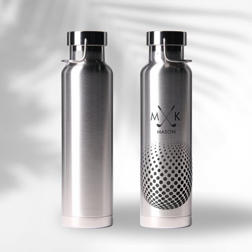 Stylish Black Modern Golf Ball Monogram Water Bottle