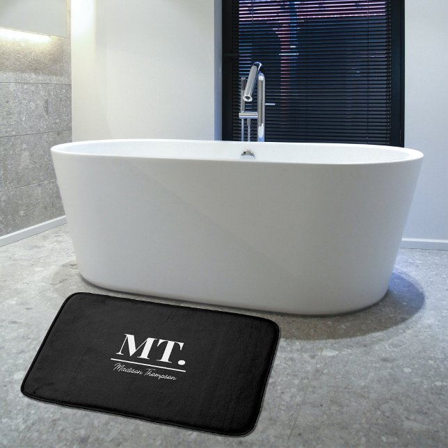 Stylish Black Modern Monogram Initials & Name Bath Mat (Creator Uploaded)