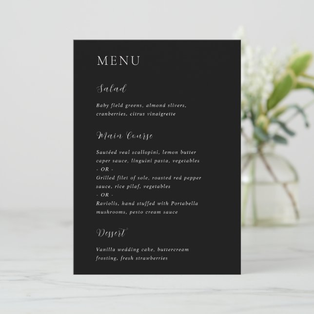 Stylish Black Modern Wedding Menu (Standing Front)