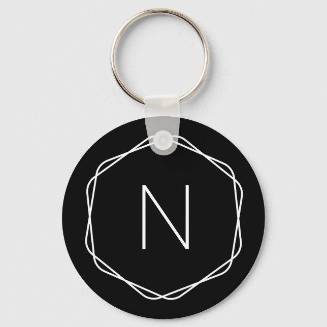 Stylish Black Monogram Octagon Initial Keychain (Front)