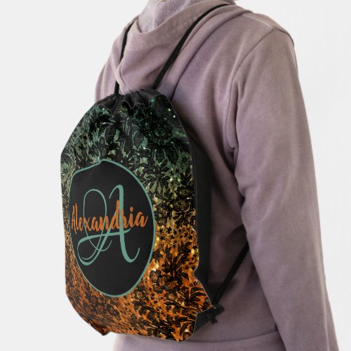 Stylish Black Moody Floral Monogram  Drawstring Bag