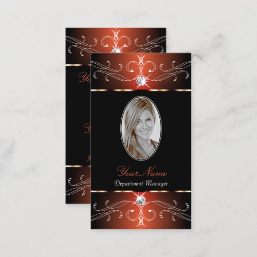 Stylish Black Orange Ornate Ornaments with Photo Business Card