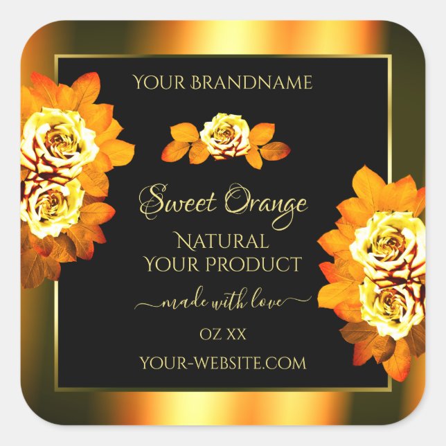 Stylish Black Orange Product Labels Blooming Roses (Front)