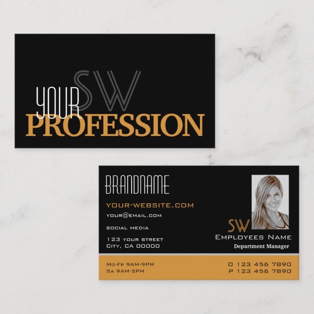 Stylish Black Orange Simple Monogram and Photo Business Card (Front/Back)