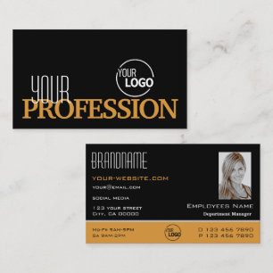 Stylish Black Orange Simple with Logo and Photo Business Card
