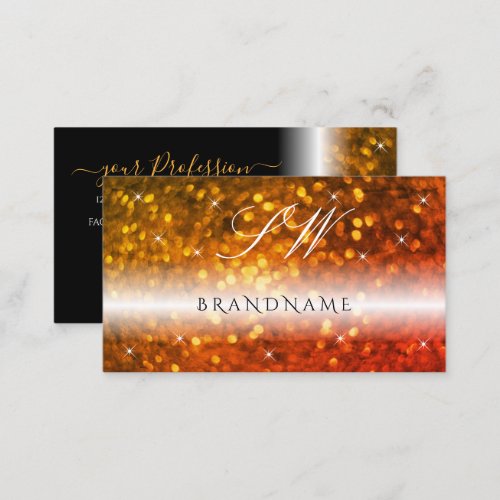Stylish Black Orange Sparkling Glitter Initials Business Card