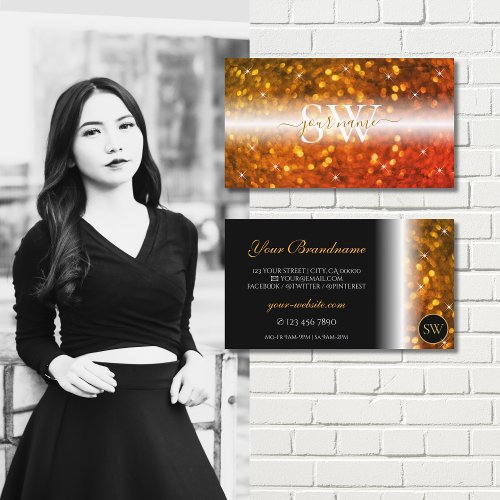 Stylish Black Orange Sparkling Glitter Monogram Business Card