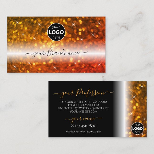 Stylish Black Orange Sparkling Glitter with Logo Business Card (Front/Back)