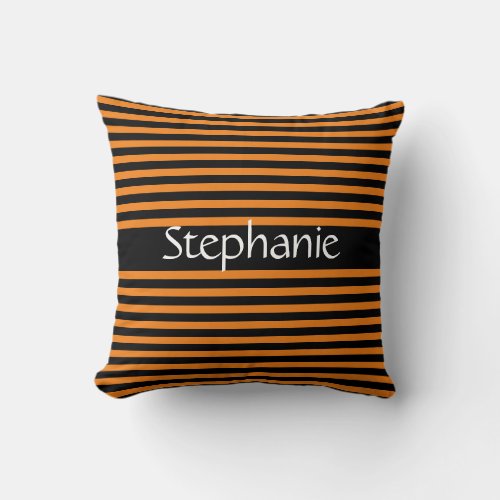 Stylish Black Orange Stripes White Custom Name Throw Pillow