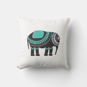 Stylish Black Ornate Elephant, Turquoise Color Throw Pillow