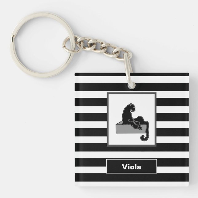 Stylish Black Panther Cat White Modern Keychain (Front)