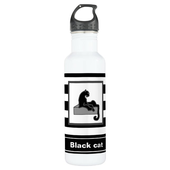 Stylish Black Panther Cat White Modern Stainless Steel Water Bottle (Front)