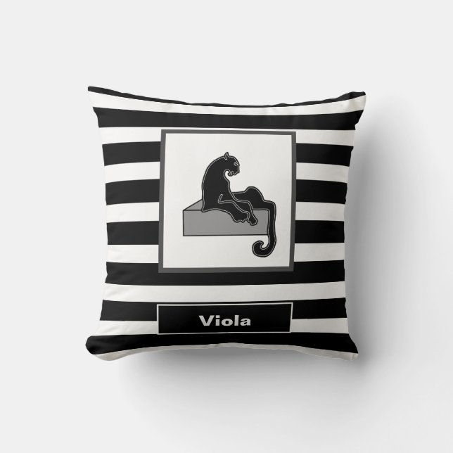 Stylish Black Panther Cat White Modern Throw Pillow (Front)