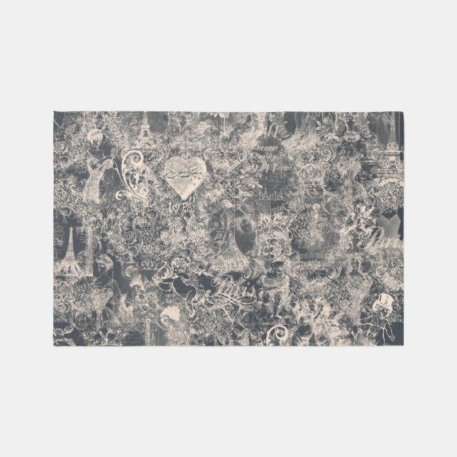 Stylish Black Paris Toile Design Rug (Front)