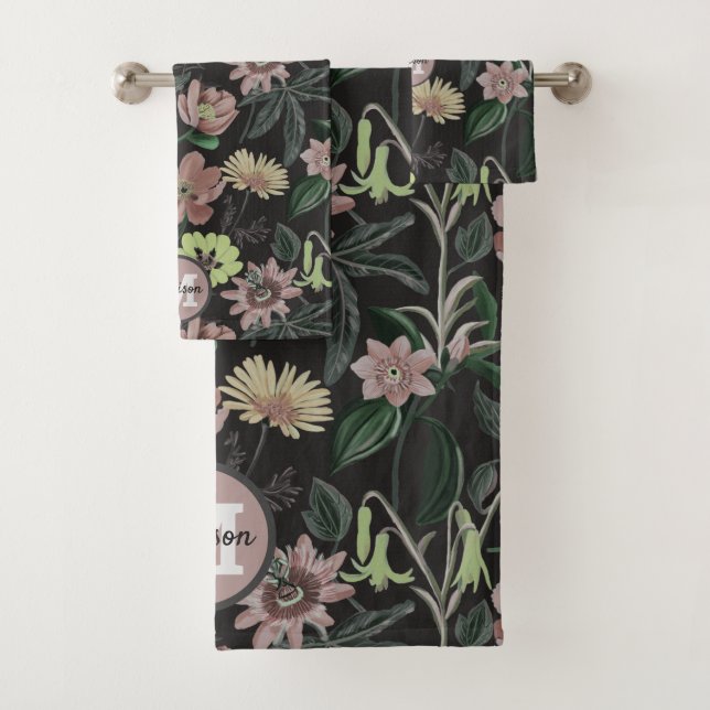 Stylish Black Personalized Monogram Floral Pattern Bath Towel Set (Insitu)