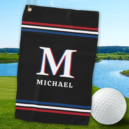 Stylish Black Personalized Monogram Sporty Stripes Golf Towel