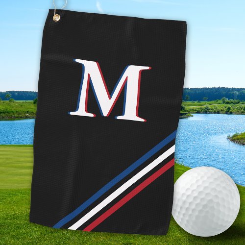 Stylish Black Personalized Red White Blue Monogram Golf Towel