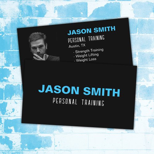 Stylish Black Photo Fitness Personal Training  Business Card