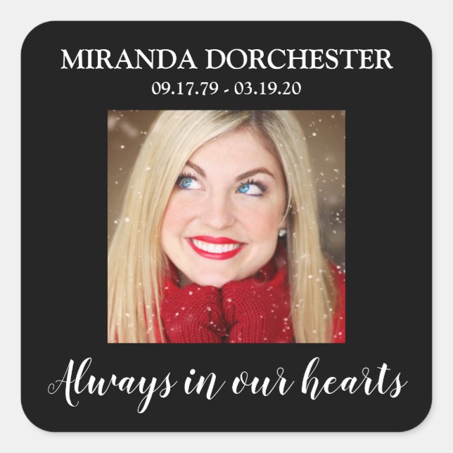 Stylish Black Photo Funeral Square Sticker (Front)