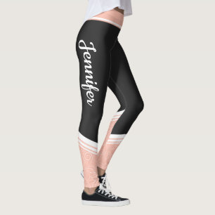 Stylish black & pink floral white stripes and name leggings